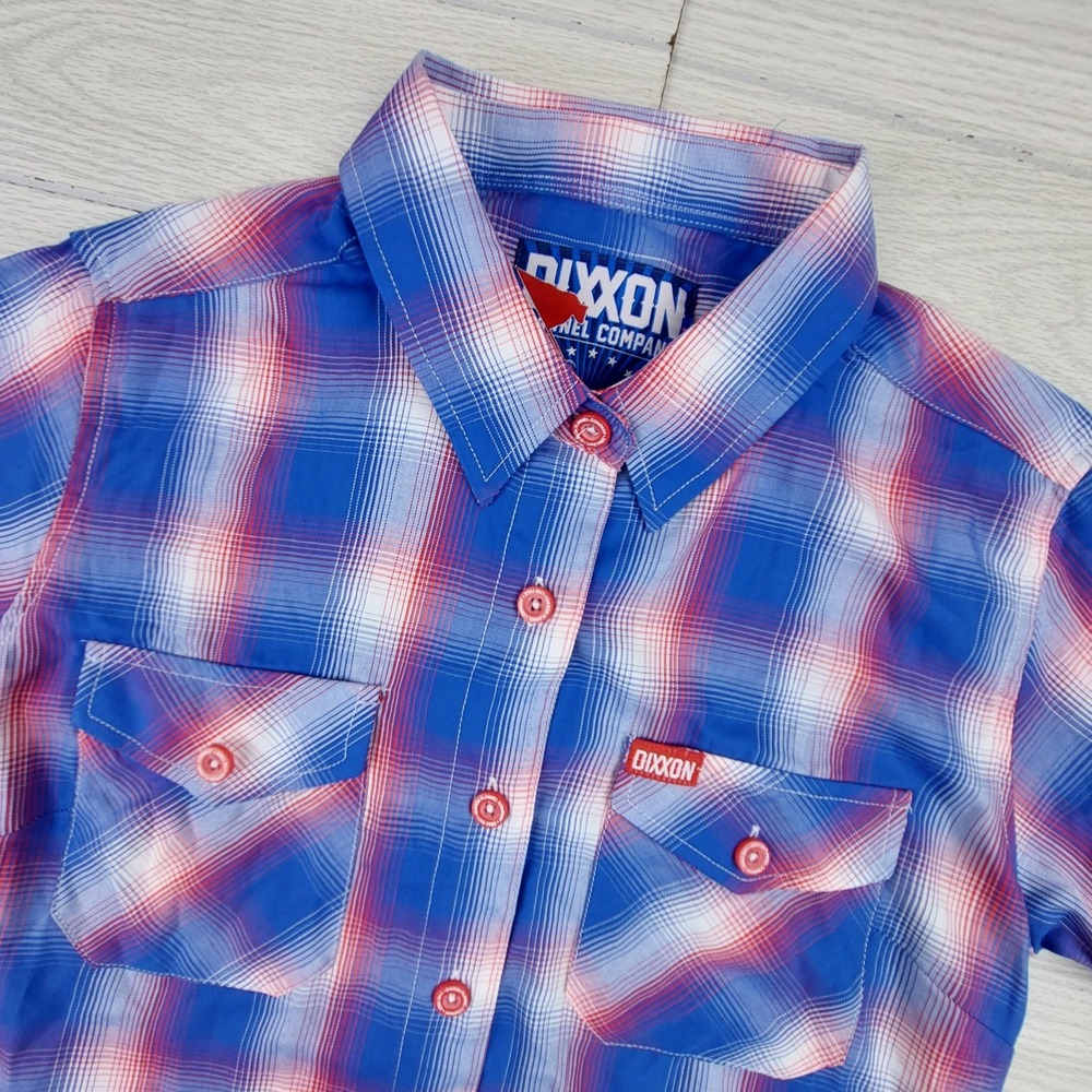 Dixxon Flannel Shirt Glory Button Up Womens Medium Blue Red White Plaid Bamboo